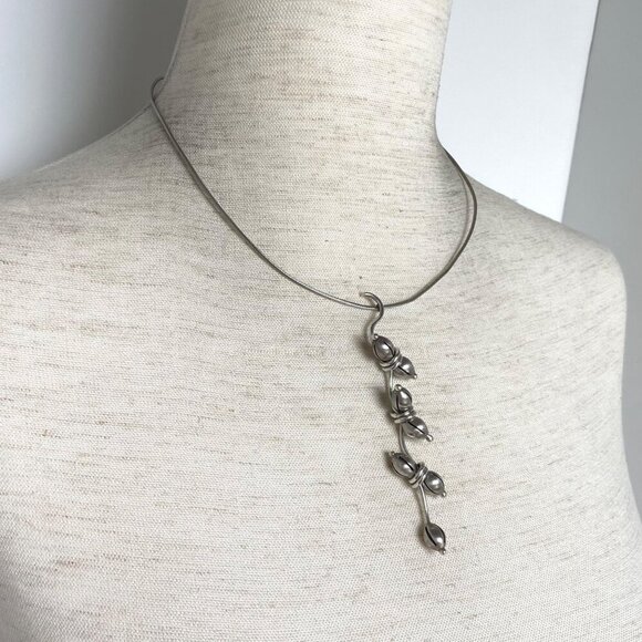 VTG Sterling Silver 925 Hand-wrought Modernist Beaded Floral Acorn Wire Necklace - Picture 3 of 16